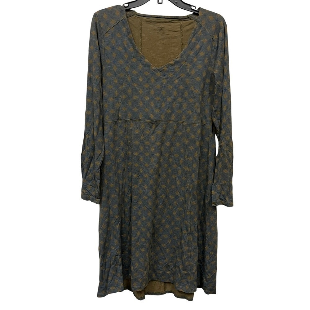 Horny Toad Womens Large Green Blue Geometric Tencel Organic Cotton V-Neck Dress